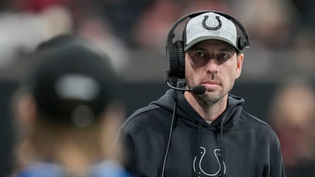 Dec 24, 2023; Atlanta, Georgia, USA; Indianapolis Colts head coach Shane Steichen walks the sideline during a game against the Atlanta Falcons at Mercedes-Benz Stadium. Mandatory Credit: Bob Scheer-USA TODAY Sports